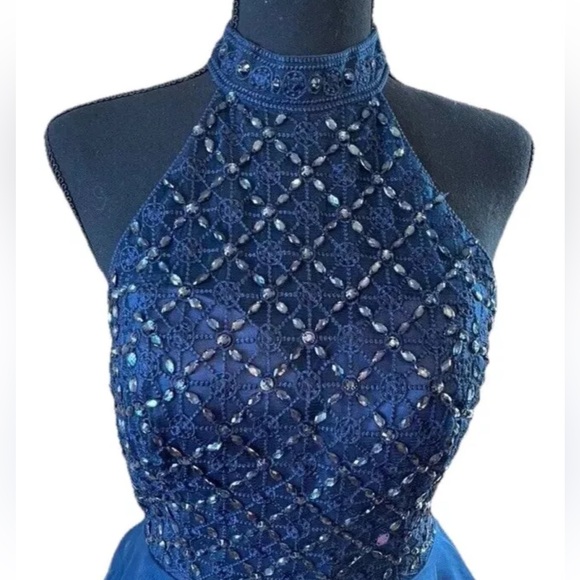 PROM / HOCO / Formal Dress • Navy • Halter / Beaded • Mini Fit & Flare • Medium - Picture 2 of 13